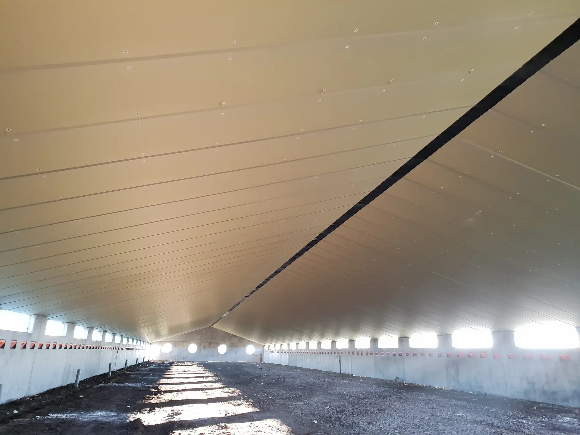 Grote stal met volledig geplaatst geïsoleerd dakpanelenplafond